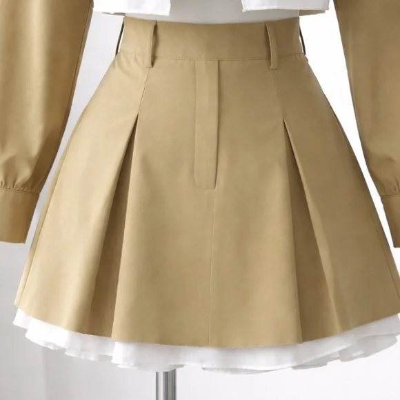Cropped Khaki Jacket and Pleated Skirt Set - Khaki with White Trim - Picture 8 of 8
